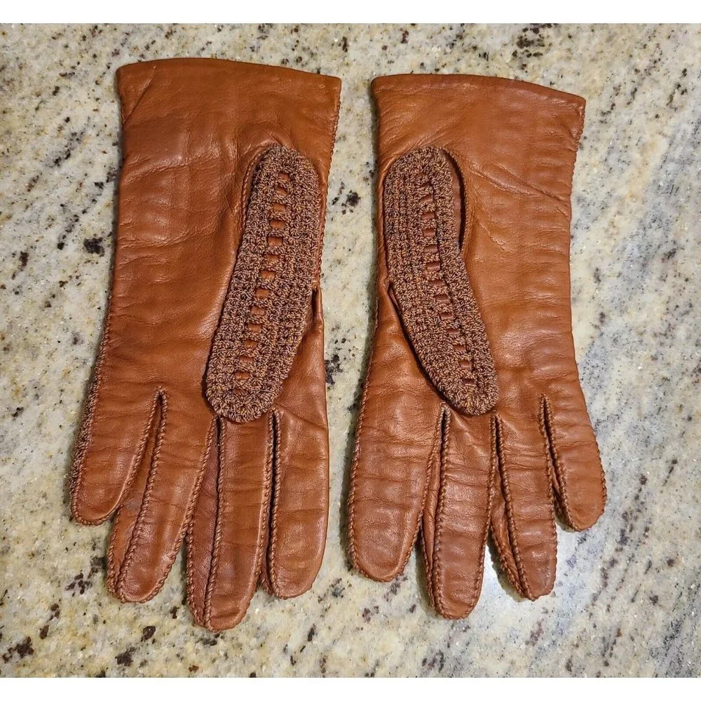 Vintage Size M 7 Brown Leather And Knit Handmade Gloves Hammer Of Hollywood